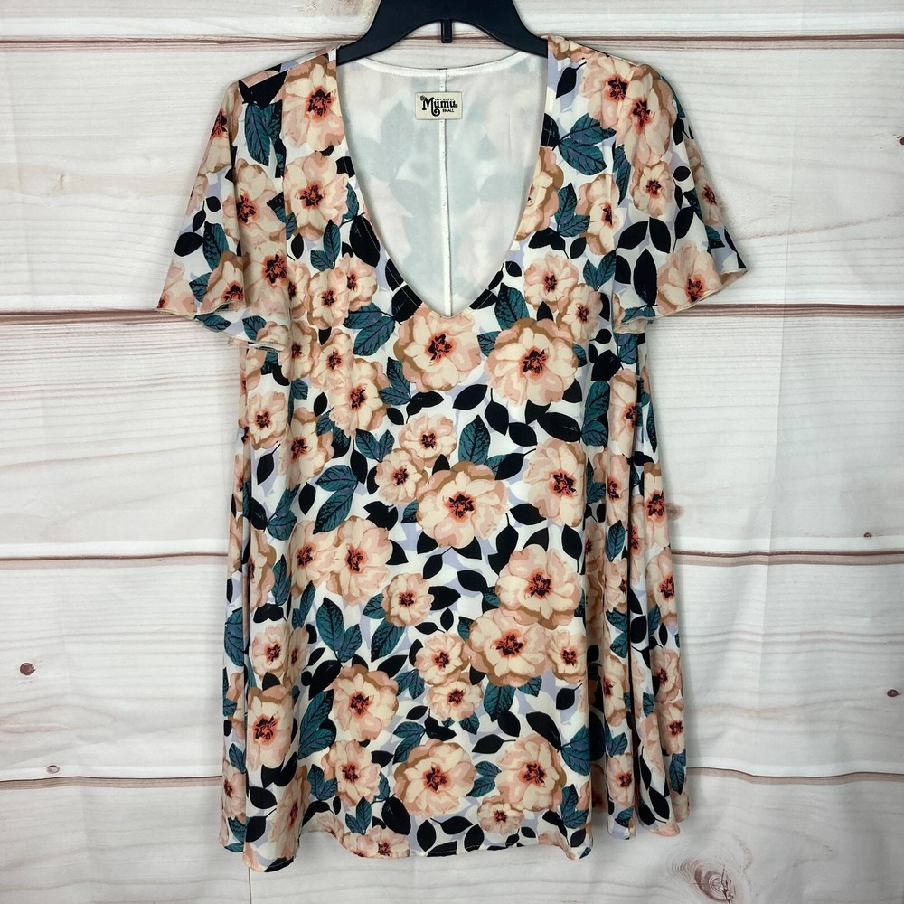 Show Me Your Mumu Dress Womens S Floral Mini Short Sleeve V-Neck Swing Pullover